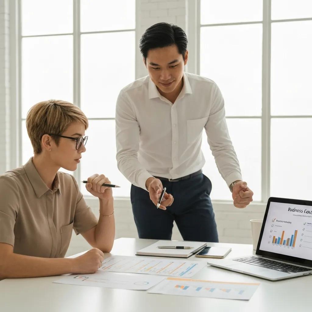 Business coach guiding a client through a structured coaching process, emphasizing goal-setting and clarity